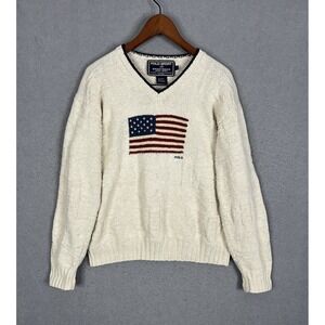 POLO SPORT Ralph Lauren Hand Knit Sweater US Flag 100% Cotton Size L